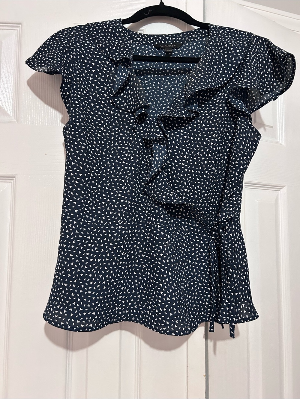 Banana Republic Navy Blue Wrap Blouse with White Dot Motif